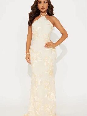 Halter Neck Cream Embroidered Evening Gown